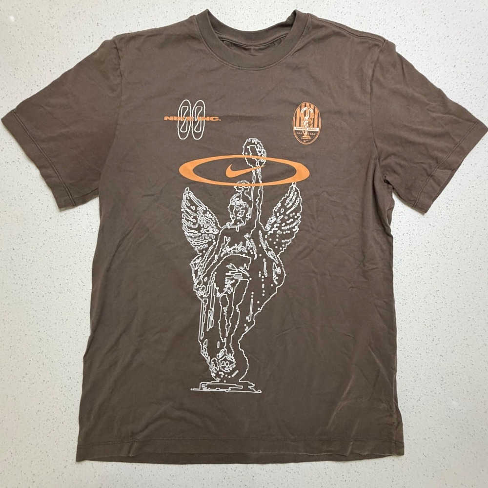 Nike Inc. Graphic T-Shirt Mens Medium Brown Angel Statue Halo Swoosh Tee